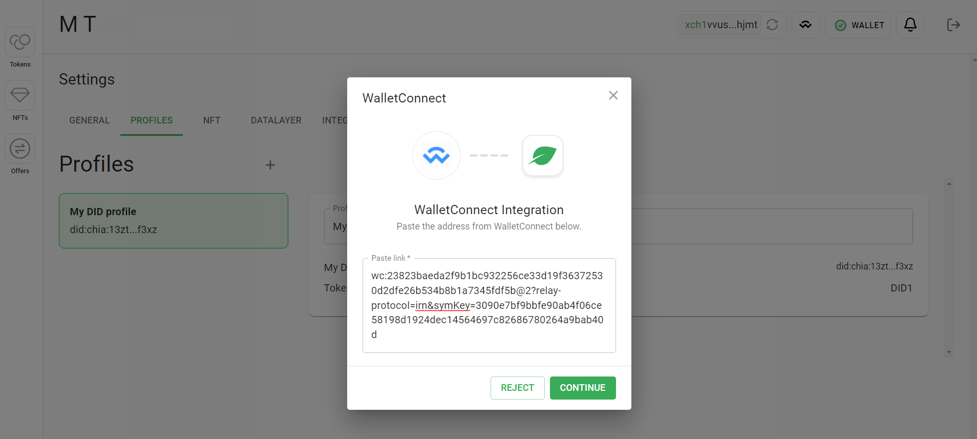 Chia wallet - wallet connect 2