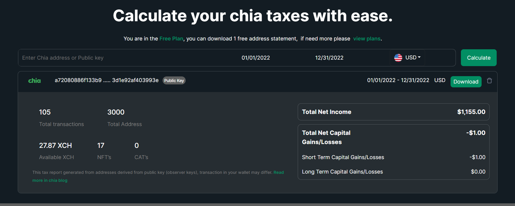 Chia tax report from pub key